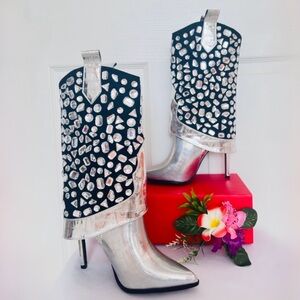 LAUREN LORRAINE ~ Black Suede w/Silver Crystals Croc Embossed 4” Heeled Boots